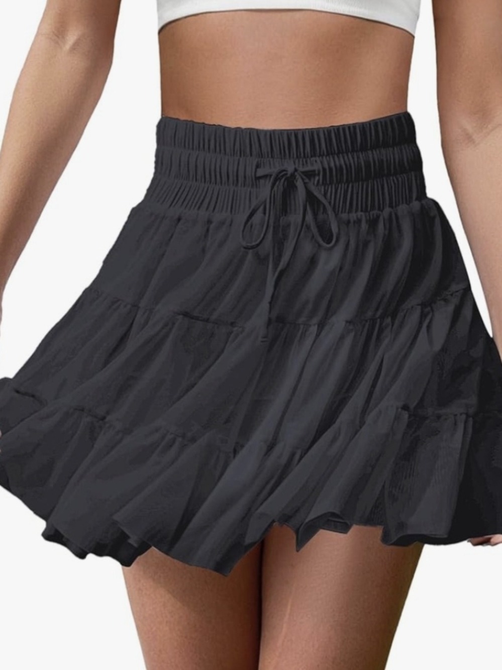 High-Waisted Tiered Mini Skort in Deep Charcoal Size XS
